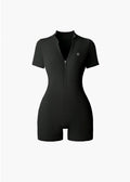women’s active romper, zip-up workout romper, athleisure one-piece, short sleeve romper, flexible jumpsuit, body-contouring romper, stylish gym romper, zip front athletic romper.