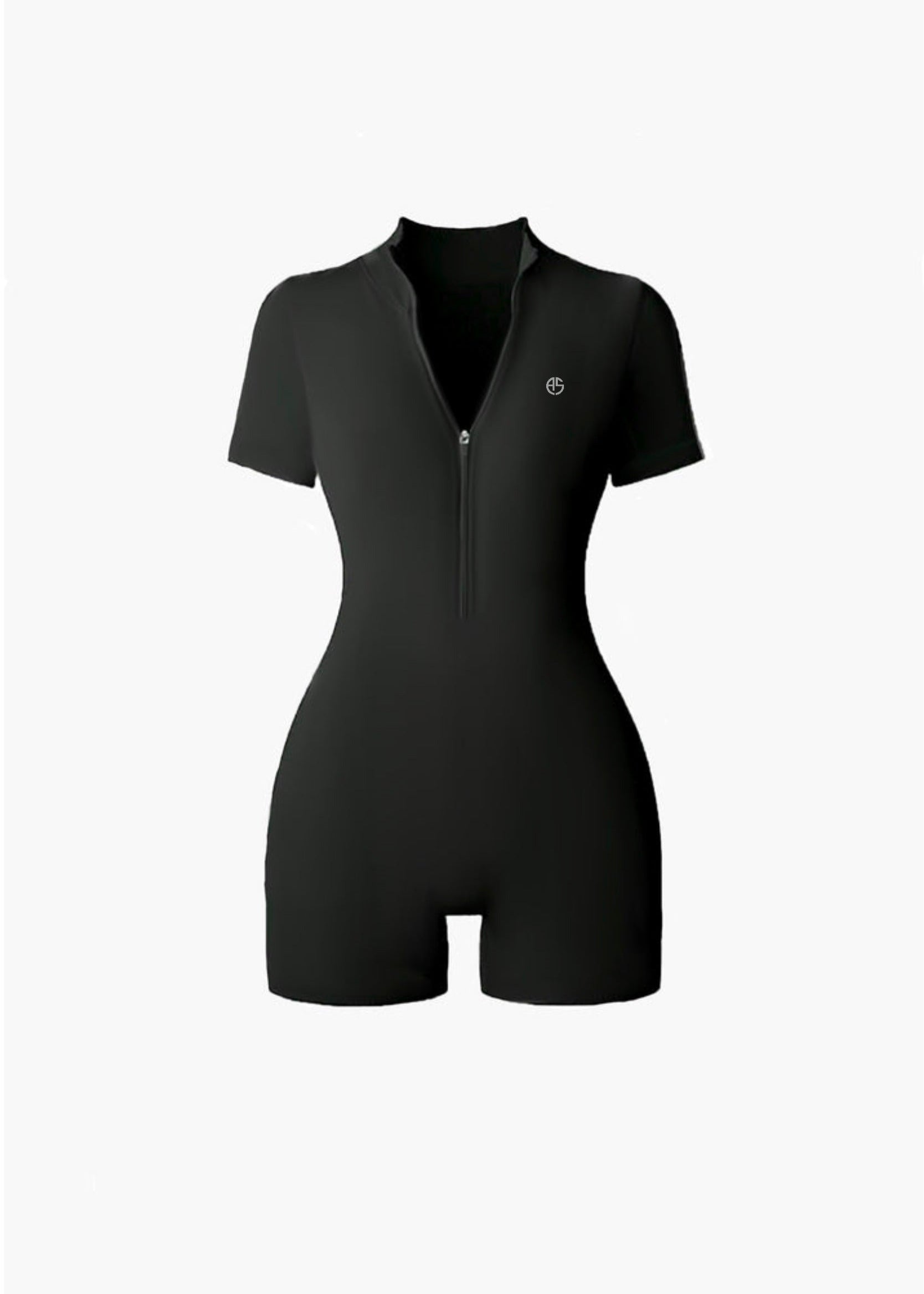 women’s active romper, zip-up workout romper, athleisure one-piece, short sleeve romper, flexible jumpsuit, body-contouring romper, stylish gym romper, zip front athletic romper.